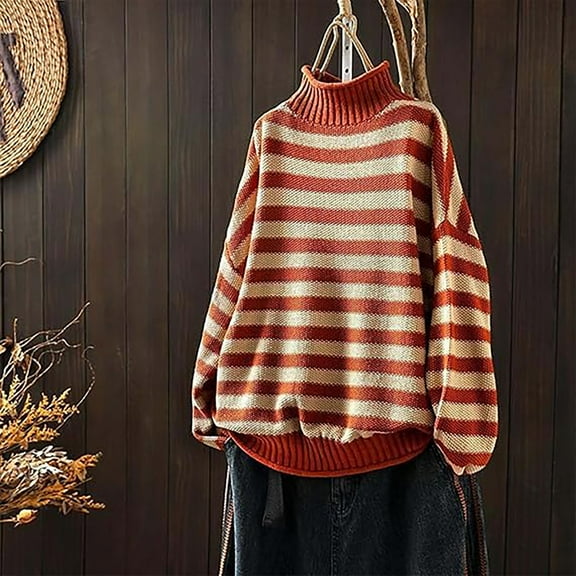 PiGOGI Women's Striped Half Turtleneck Sweater Orange White Knit Pullover Loose Fit Casual Long Sleeve Fall Winter Top Orange S