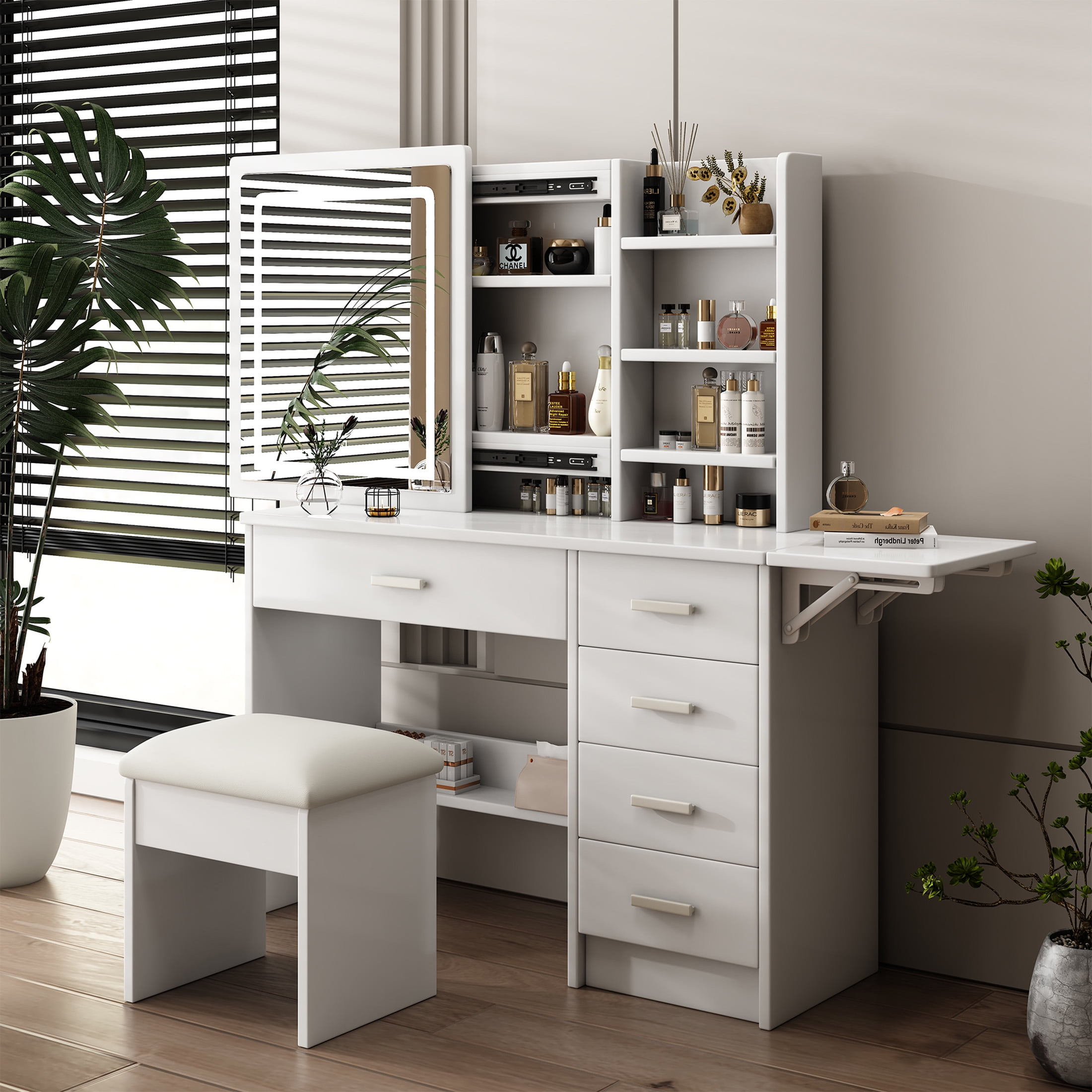 Aukfa Makeup Vanity Set with Mirror & Open Shelves, LED Vanity Desk, White