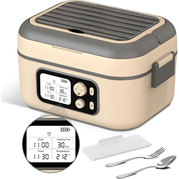 Cordless Electric Heated Lunch Box 1.5 L 100 W Rechargeable Self-Heating Food Warmer with Removable Divider Spoon Fork BPA Free Portable Lunchbox for Car Travel Office Yellow