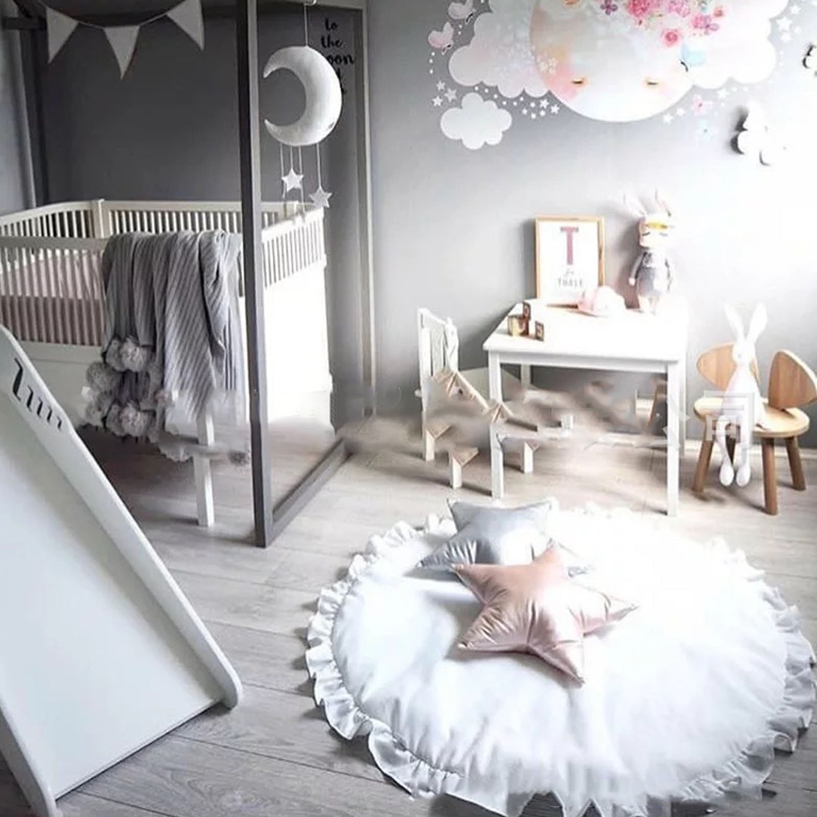 EVEXPLO Baby for Play Mat Lace Solid Color Crawling Mat Kids Room Floor Rug Round Game Pad Playmat Children Bedroom Nursery