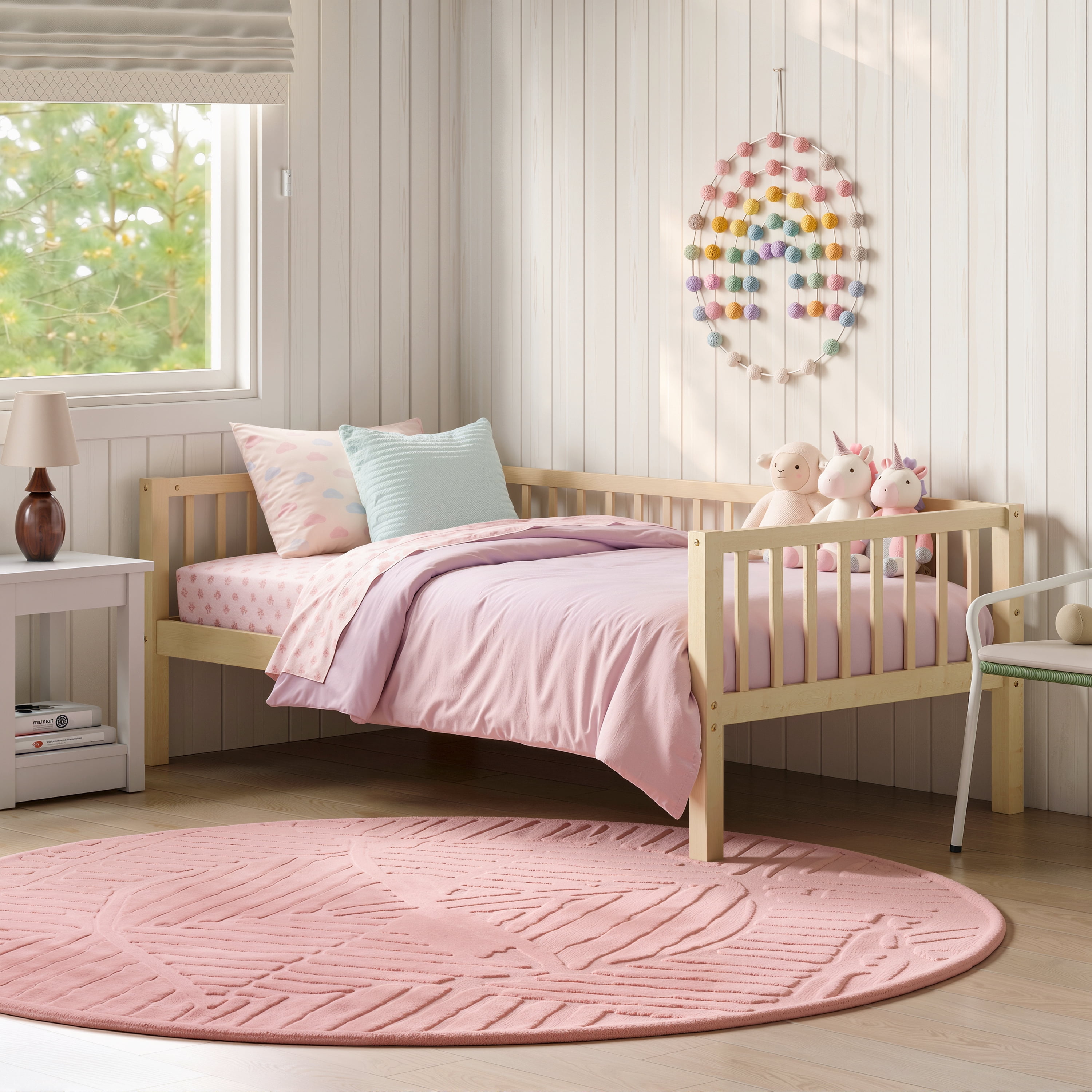 GARITIN Twin Size Daybed, 3-Sided Vertical Slat Guardrail Bed Frame, Breathable Wooden Slat Support Leisure Bed for Home Bedroom Guest Room, Natural