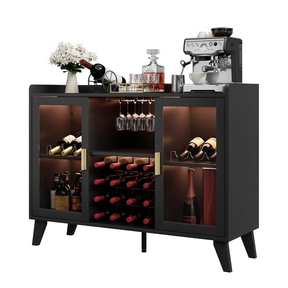 Home Farmhouse Wine Bar Cabinet With Led Lights, Coffee Bar Cabinet With Wine Racks and Glass Holders, Modern Buffet Sideboard With Acrylic Doors and Drawer for Dining Room, Bar, Living Room