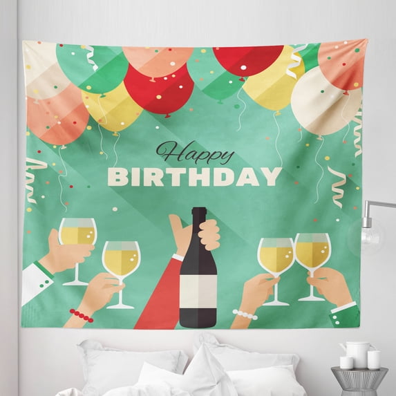 Champagne Tapestry, Happy Birthday Greeting Party with Balloons and People Holding Drinks Cartoon, Fabric Wall Hanging Decor for Bedroom Living Room Dorm, 5 Sizes, Multicolor, by Ambesonne