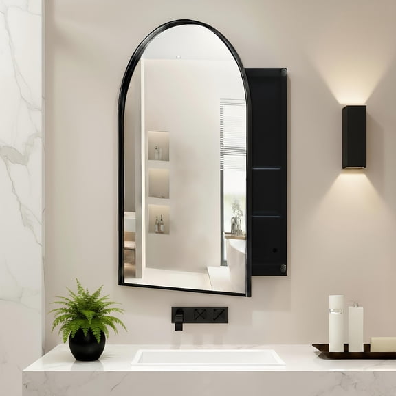 24x36 Medicine Cabinet Mirror, Arched Bathroom Mirror Cabinet with Metal Framed, Wall Mirror with Storage & Adjustable Shelves for Bathroom, Matte Black
