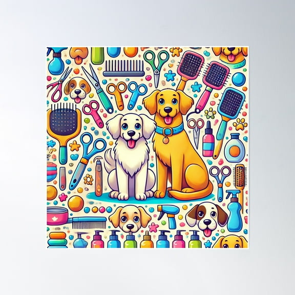 Colorful Dog Grooming Cartoon – Perfect For Pet Lovers And Groomers Poster Wall Art, Modern Wall Decor, 16x16 UNFRAMED