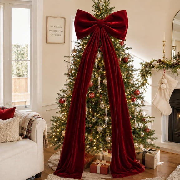 Christmas Burgundy Velvet Bows Giant Pre-Tied Vintage Christmas Tree Bows for Wedding Holiday Tree Topper Window Wall Mantle