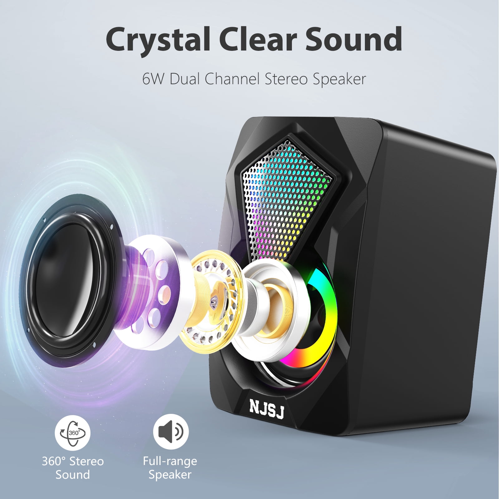 NJSJ Computer Speakers,2.0 USB Powered Gaming Speakers with RGB LED Light 3.5mm Aux Input Stereo Mini Multimedia Speaker for PC, Desktop, Laptop, Cellphone, Monitor