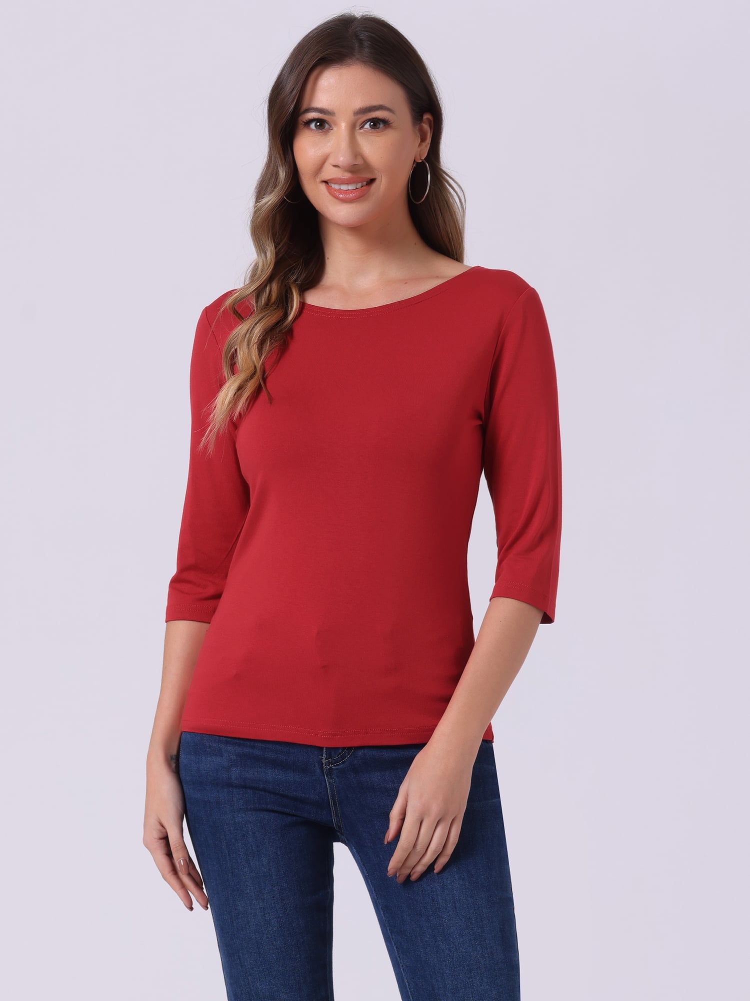 DARING DIVA Women's Elbow Sleeves Boat Neck Slim Fit Classic Tee S Bright Red