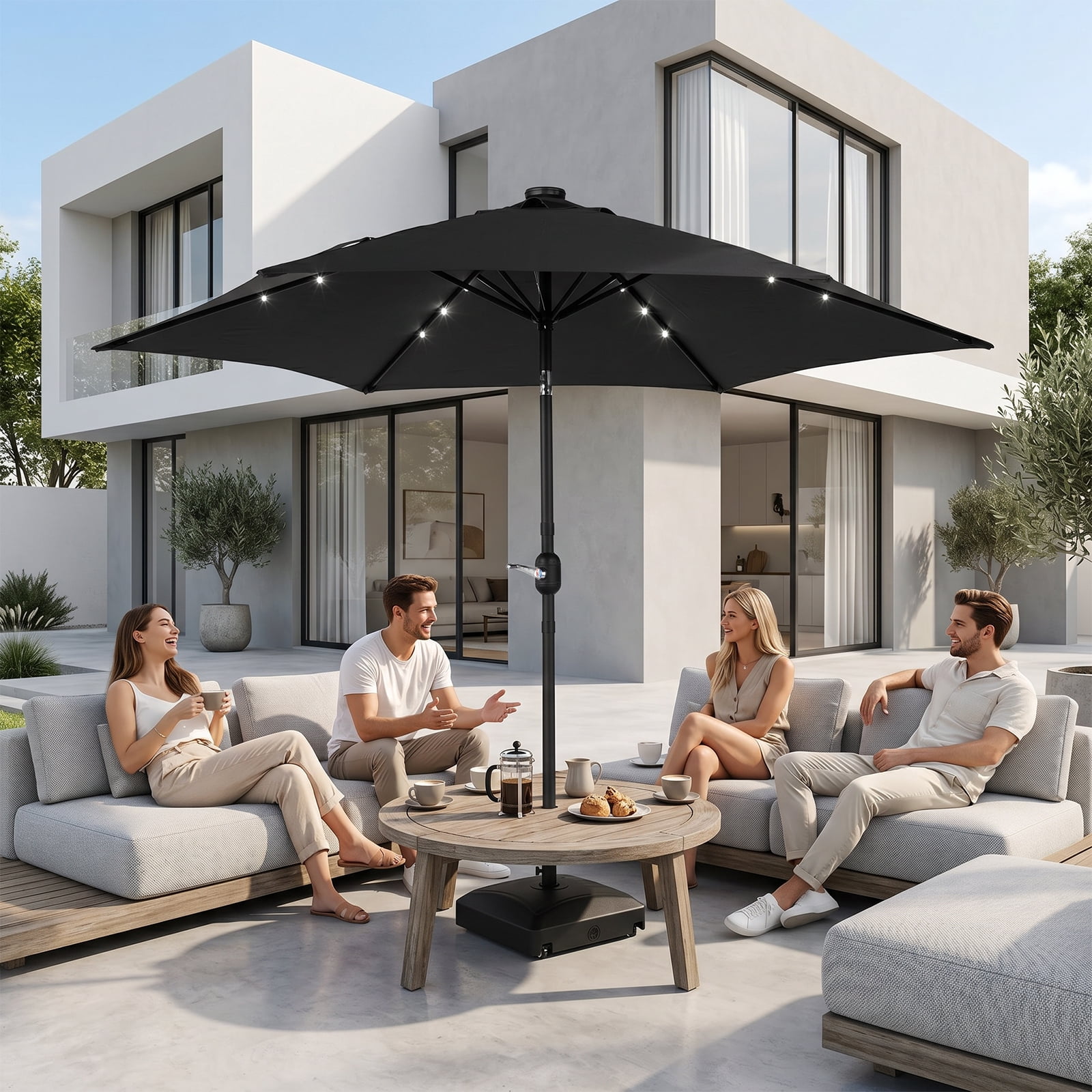 9ft Solar Patio Umbrella with LED Lights, UPF 50+ Waterproof Solution-Dyed Polyester Canopy, 6 Iron Ribs, Push Button Tilt & Crank Lift, Wind Resistant for Patio Garden Poolside
