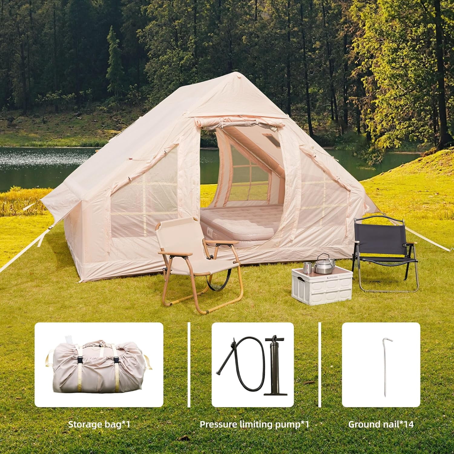 6.3m ² Inflatable Camping Tent with Canopy, 4 Season Waterproof Windproof Air Tent, 420D Oxford with Clear Skylight Mesh Windows and Doors