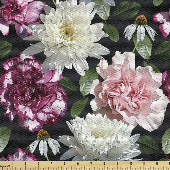Ambesonne Vintage Floral Fabric by the Yard Upholstery, Flower Bud Leaf View, 3 Yards, Forest Green and Pink