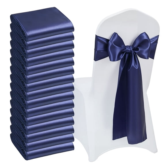 KFFKFF Satin Chair Sashes Bows, 50PCS Chair Ribbon Ties Back Sash, 7 x 108 inch, Navy Blue Wedding Reception Decoration