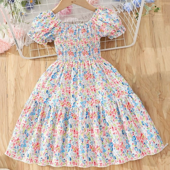 USSUMA Teen Dresses Short Sleeve Crewneck Graphic Sundress Tunic Empire Waist Casual Dresses Loose Fit Mid-Length Party A-Line Dress Multicolor 3 Years