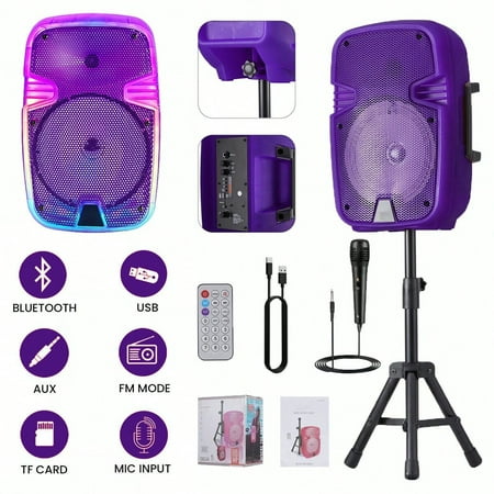 Portable Bluetooth Speaker System with 8" Subwoofer, Microphone, Tripod Stand, LED Lights & Remote – Rechargeable Wireless PA Speaker with AUX, FM Radio, and Heavy Bass for Parties and Events