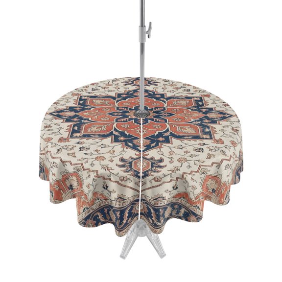 Outdoor Tablecloth with Umbrella Hole Zipper Rustic Bohemia Round Tablecloth 60" Waterproof Outside Table Cloth Traditional Southwest Ethnic Style Retro Patio Table Cover Tablecloths for Picnic Party