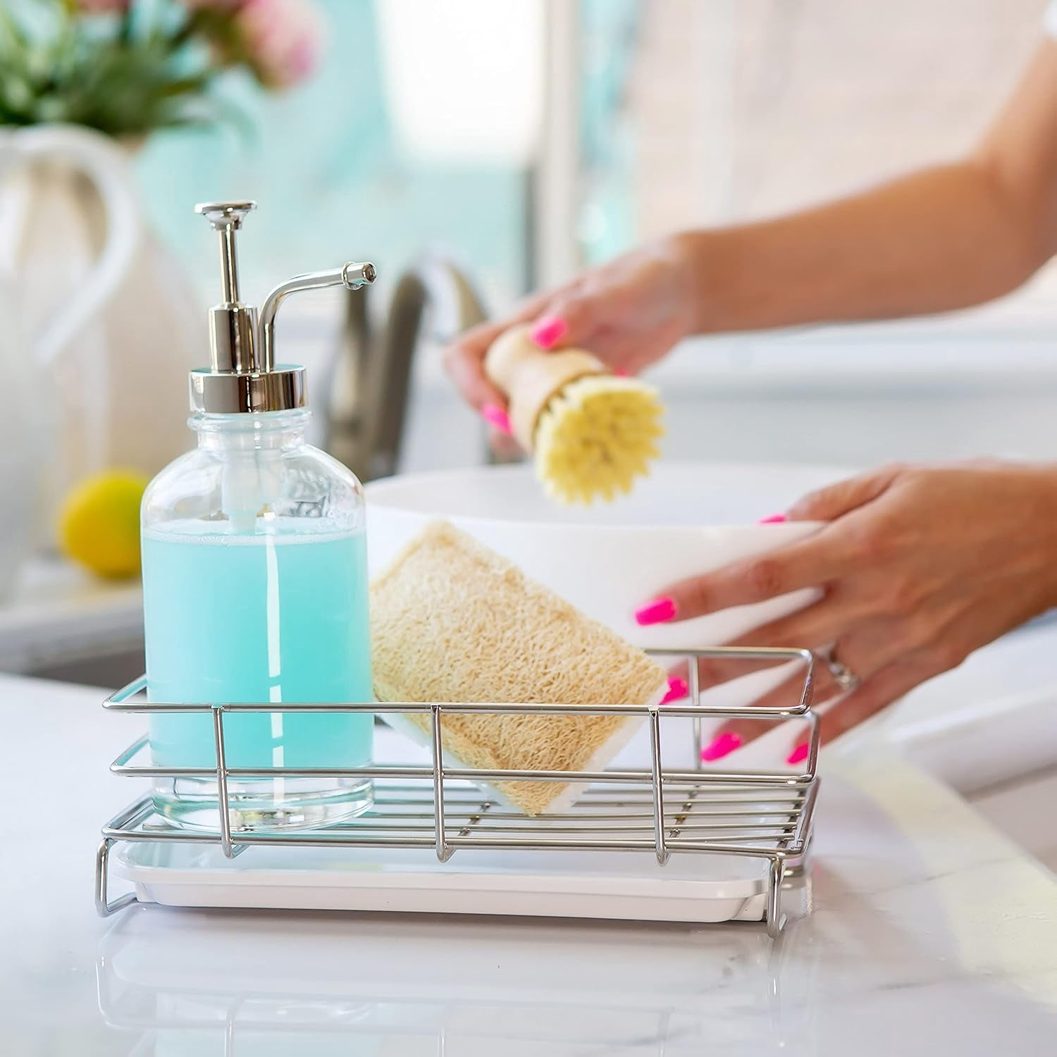 Stainless Steel Kitchen Sink Caddy Organizer – Rust-Resistant Sponge & Soap Holder with Removable Drip Tray – Countertop Sink Storage for Sponges, Brushes & Soap – Durable Kitchen Cleaning Accessory