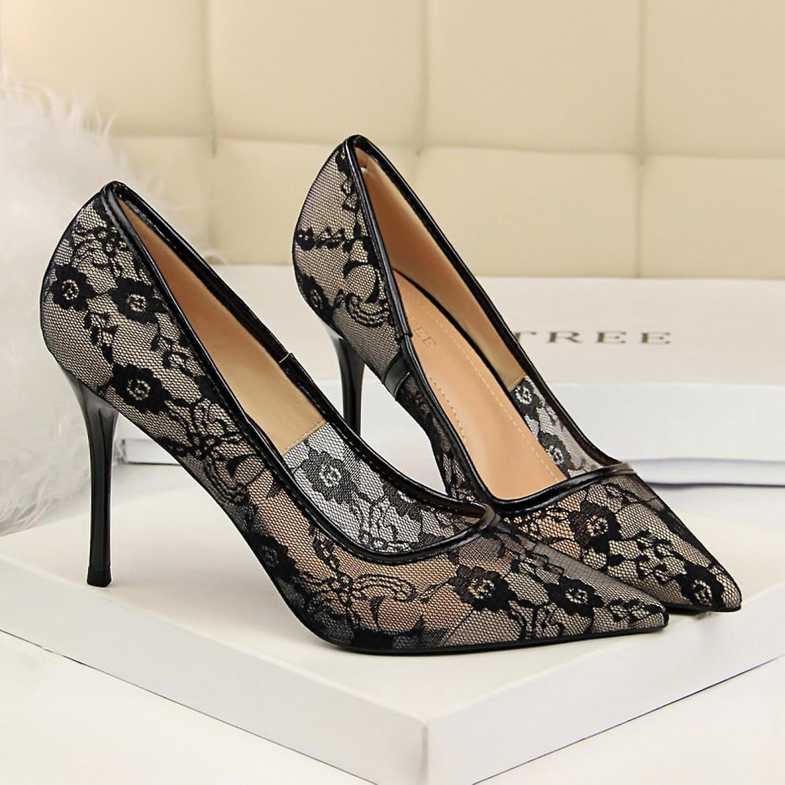 Women s Sexy Mesh Lace Pumps 4 Inch High Heels Pointed Toe Closed Stiletto Sandals Slip on Shoes black 36