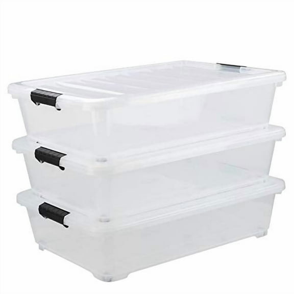 40 Quart Plastic Wheels Under Bed Storage Box, Latch Bin with Lid, Clear, 3-Pack