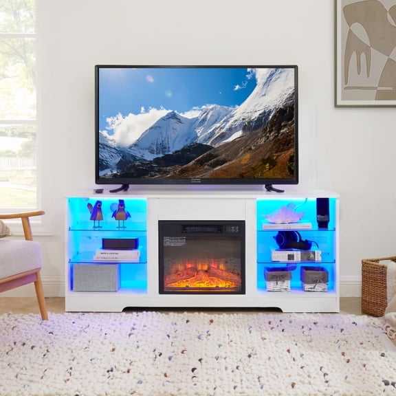 [Luckynote]TV Stand Electric Fireplace TV Stand with Glass Shelves, 3D Fireplace TV Stand with LED Lights Wood with USB Charging Outlet Modern Television Table Center for TV up to 32-62" White