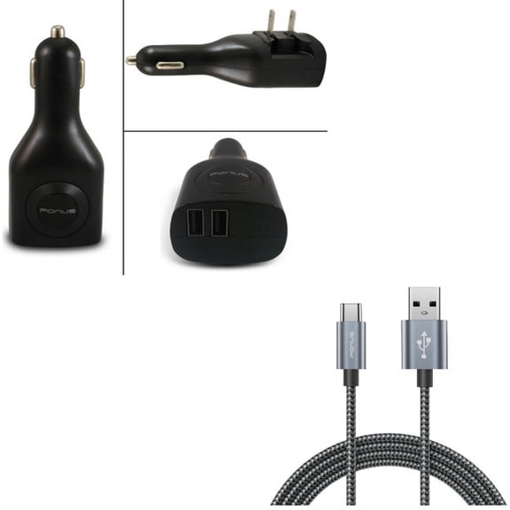 2-Port USB Car Home Charger w Type-C 10ft USB Cable D6N for LG V35 ThinQ, Q7 Plus, G Pad X II 10.1, V50 ThinQ 5G, Stylo 4 Plus, Google Nexus 5X, G8 ThinQ, G7 ThinQ, 5