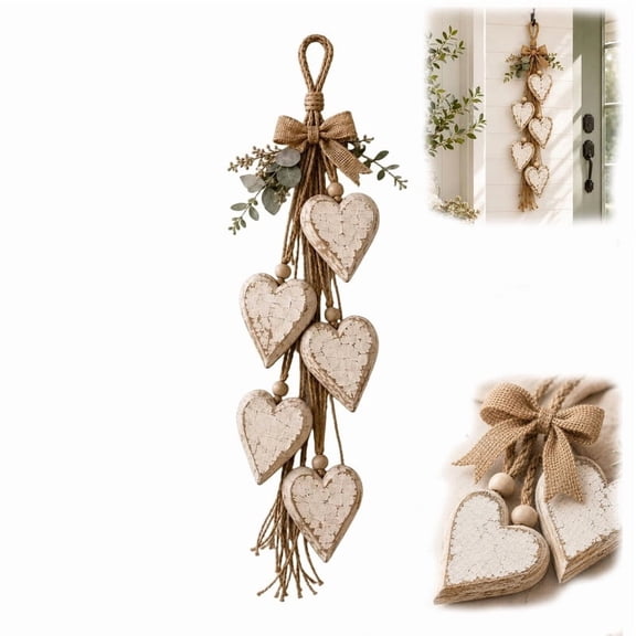 Hanging Heart Wall Decor, Rustic Farmhouse Hanging Heart Decoration with 5 Layer Wooden Hearts, Boho Farmhouse Trinket Shelf Art for Living Room Entryway Porch Wedding Gift
