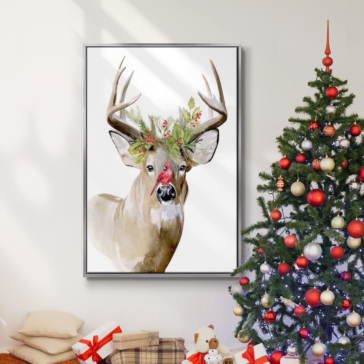 Holiday Deer II - Framed Gallery Wrapped Holiday Canvas - 17 x 25 - Silver Frame