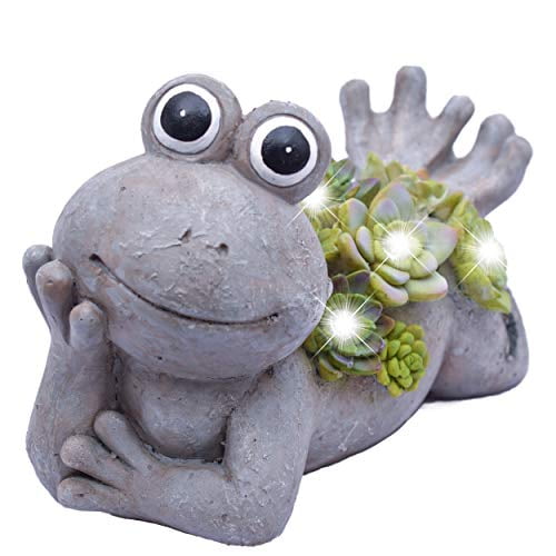 TERESA'S COLLECTIONS 7.3X4.5 Inch Garden Frog Statues, Solar Powered Garden Lights for Outdoor Patio Lawn Yard Decorations