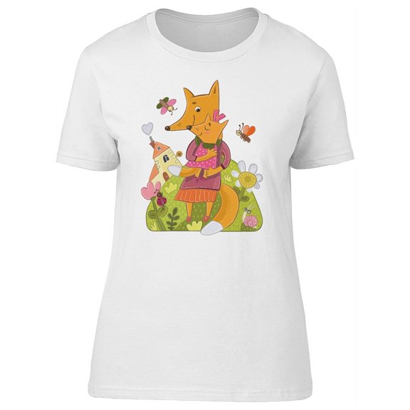 Fox Mom With Her Child Cartoon T-Shirt Women -Image by Shutterstock, Female XX-Large