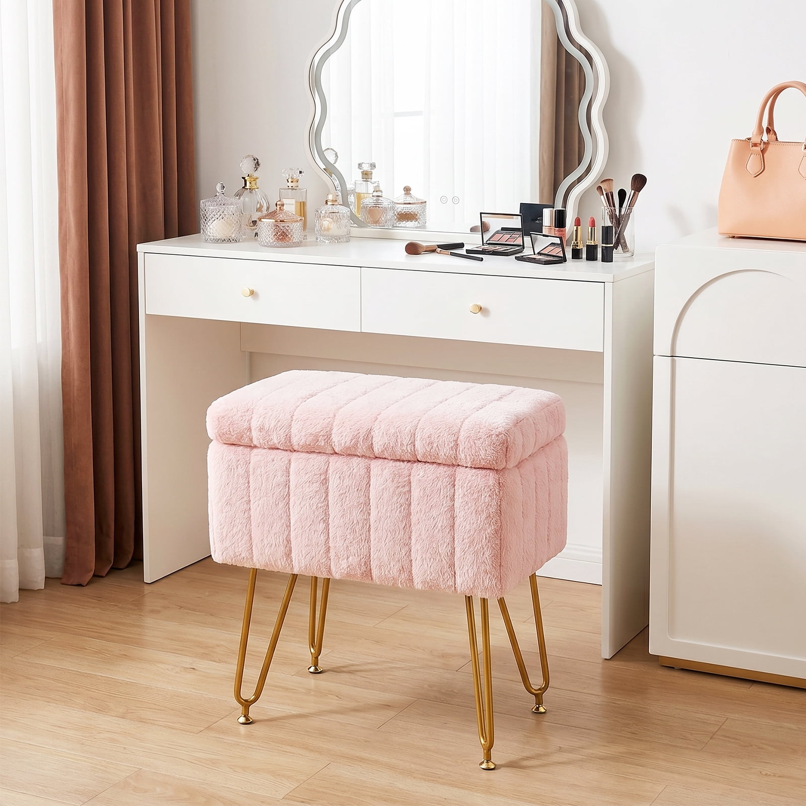Casabay Vanity Stool Chair with Storage, Faux Fur Footstool Ottoman with Metal Legs & Anti-Slip Adjustable Feet for Bedroom, Entryway