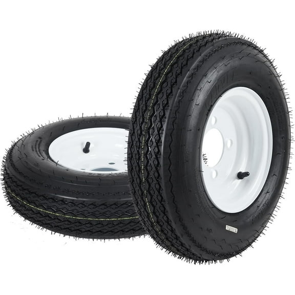2 Pack 4.80-8 6PR 4 holes Equipped with white wheels, PCD: 101.6*4, center bore: 72, ET=0 Trailer Tires with 12'' Rims, Load Range C, 6PR, 4 Lug Tire