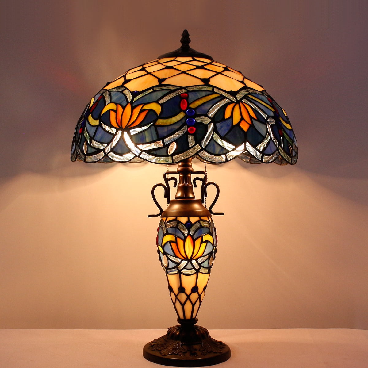 Tiffany Lamp with Nightlight Rustic Large Blue Stained Glass Lotus Table Lamp Desk 24" Tall Vintage Base Lover Living Room Bedroom Bedside Nightstand Home Office Family  Led Bulb Included