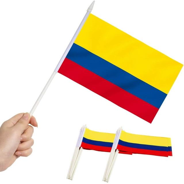 Anley Colombia Mini Flag 12 Pack - Hand Held Small Miniature Colombian Flags on Stick - 5x8 Inch with Solid Pole & Spear Top