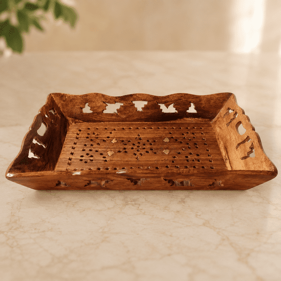 Handcrafted Wooden Serving Tray with Decorative Cutwork Design, Rectangular Wood Tray with Raised Handles, Multipurpose Serving Platter for Tea Coffee Snacks, Table & Home Decor
