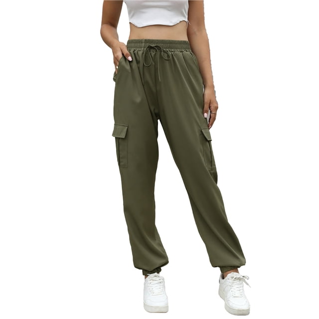 Pantalones casuales de mujer Pantalones elásticos de cintura media con cordón y puños ceñidos con 4 bolsillos OD Green L