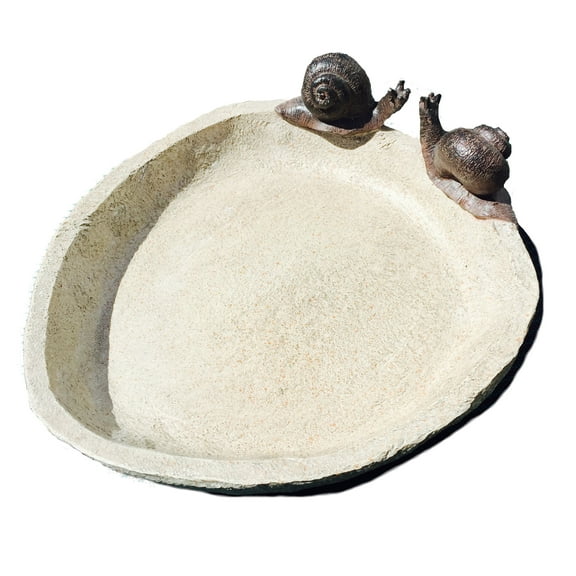 WHW Bird Bath with 2 Snails, Beige Stone Finished Basin and Brown, All Weather Poly Resin, 8 1/4 inches Diameter (21cm)