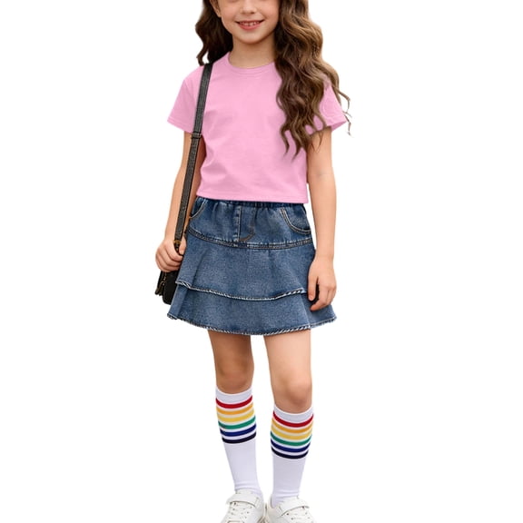 Cethrio Girls Cotton Outfit Sets, Summer Short Sleeve 3 Piece T-shirts Skirts and Socks Set Pink Size 10-12
