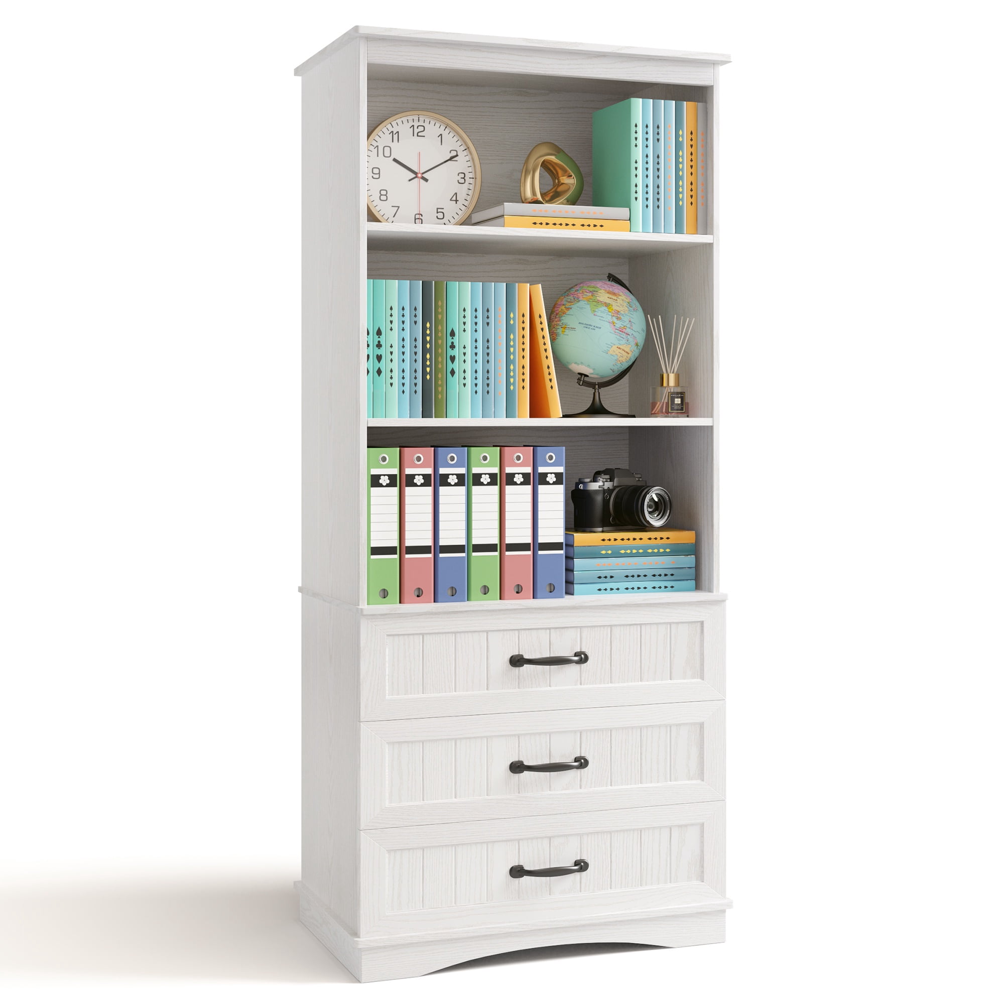 Asofer 69.7" Tall White Bookcase with 3 Drawers, Storage Cabinet for Office, Living Room, Bedroom