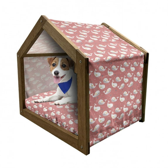 Whale Pet House, Whales with Stars on Pink Backdrop Cheerful Sea Life Pattern, Outdoor & Indoor Portable Dog Kennel with Pillow and Cover, 5 Sizes, White Coral Teal, by Ambesonne