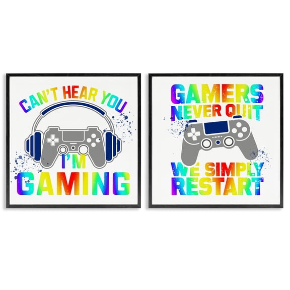 Rainbow Retro Gaming Phrases 2 Piece Black Framed Giclee Art Set, design by Kim Allen