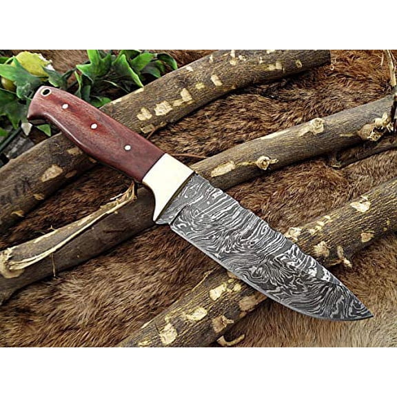 9.5″ Long hand forged Damascus steel Hunting knife, 4.5″ full tang blade, Red colored scale with Brass bolster scale, Cow hide Leather sheath with belt inserting loop