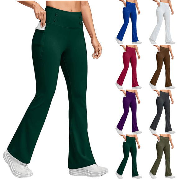 Yuanlook Women's High Waist Double Decor Button Flare Yoga Pants, Side Pocket Stretch Slim Bell Bottom Workout Trousers S-XXL