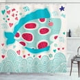 thumbnail image 1 of Marine Shower Curtain, Cartoon Smiling Fish Jumping out of Wavy Ocean on Heart and Flower Filled Backdrop, Fabric Bathroom Set with Hooks, 69W X 84L Inches Extra Long, Multicolor, by Ambesonne, 1 of 3