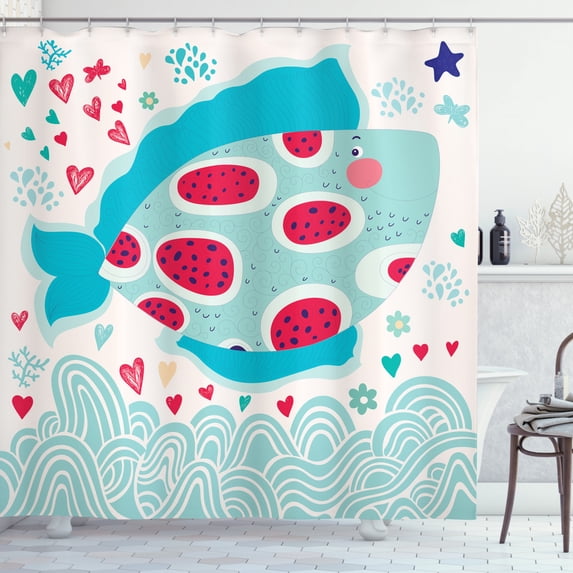 Marine Shower Curtain, Cartoon Smiling Fish Jumping out of Wavy Ocean on Heart and Flower Filled Backdrop, Fabric Bathroom Set with Hooks, 69W X 84L Inches Extra Long, Multicolor, by Ambesonne