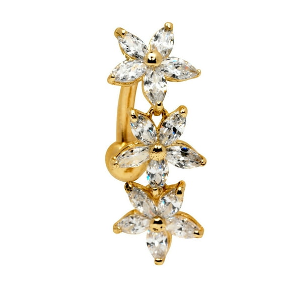 Solid 14k Yellow or White Gold 14g Marquise Flower Cubic Zirconia Top Mount Belly Button Ring Body Piercing Ring for Wom