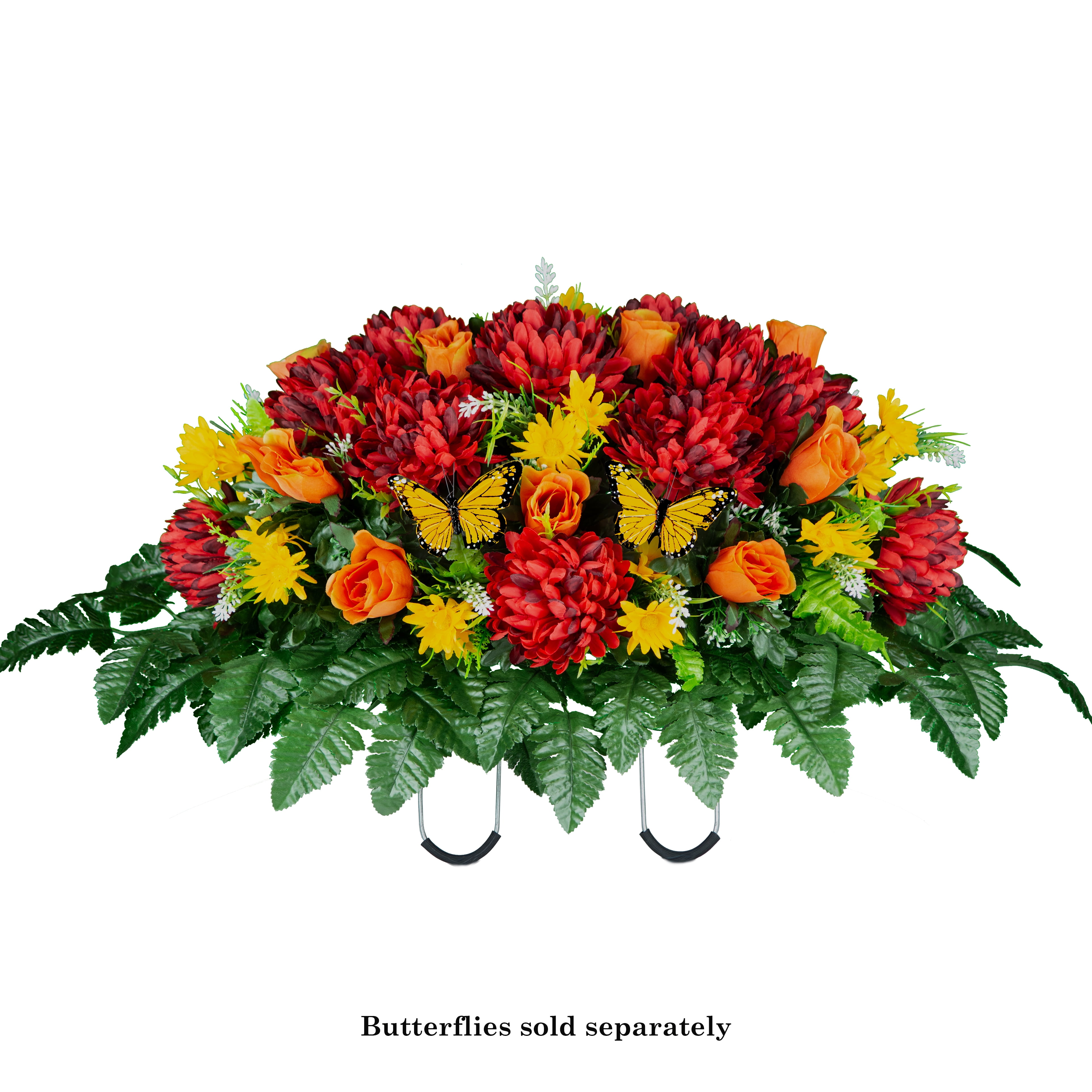 Sympathy Silks Artificial Cemetery Flowers - Burgundy Mum and Orange Rose Saddle for Headstone