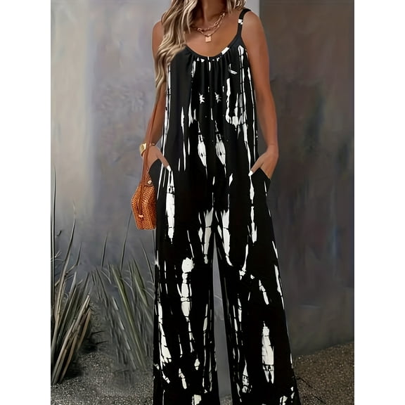 [Plus-size Casual Stretch Romper] Women'S Plus-size Casual Romper, Women'S Plus-size Tie Dyed Round Neck Medium Stretch Wide Leg Suspender Romper, Casual Comfort, Local Warehouse, Black Five
