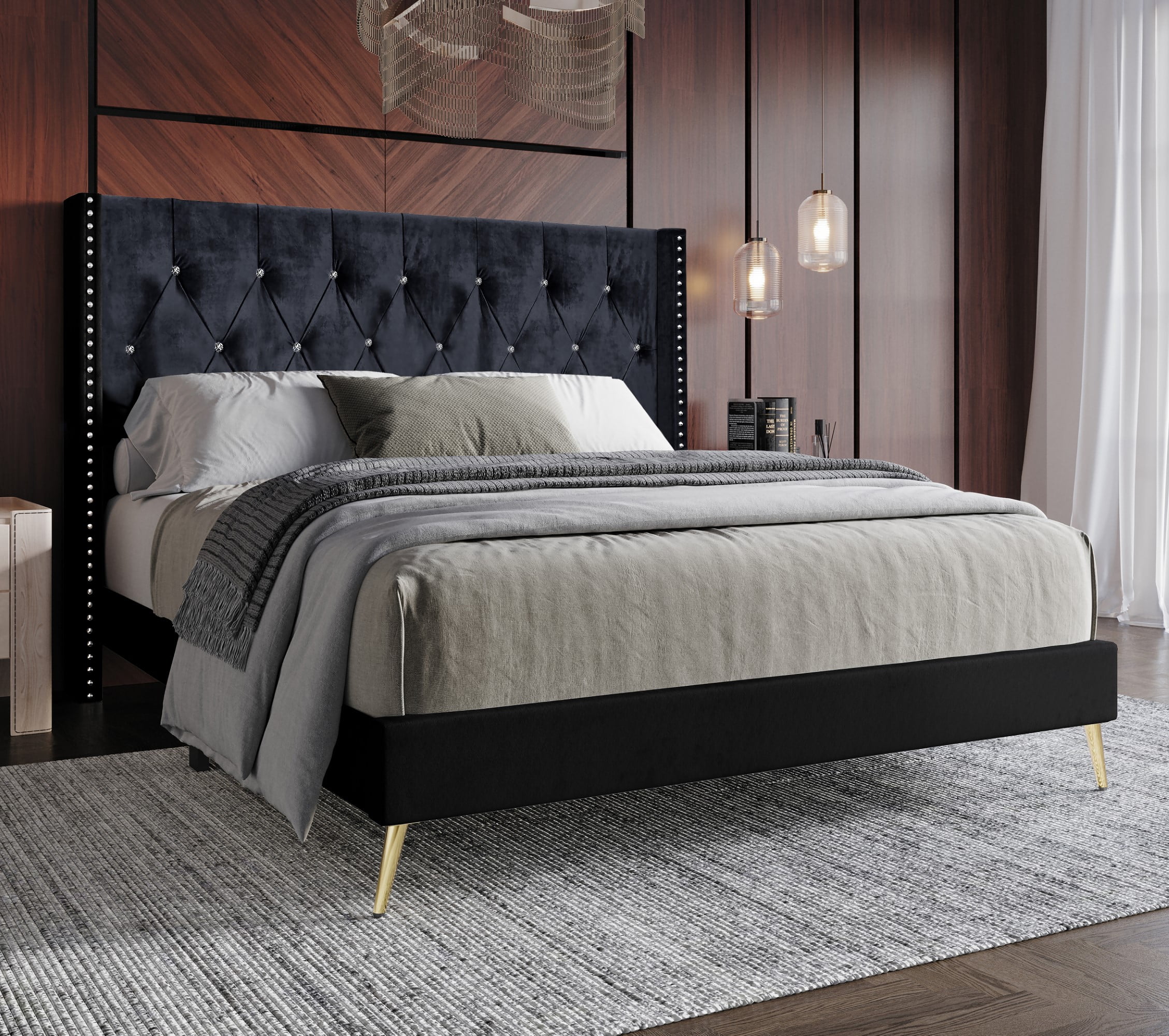Home Design Homer Queen Diamond Tufted and Nailhead Trim Velvet Wingback Platform Bed Frame for Adult, Black, Easy Assembly