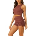 thumbnail image 4 of INSPIRE CHIC Summer 2 Piece Outfits for Women's Stretchy Ribbed Tank Crop Top Ruched Shorts Set S Brick Red, 4 of 6