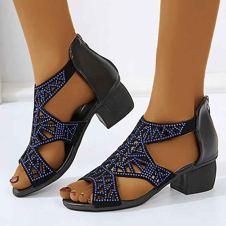 EHQJNJ Female Black Sandals Women Dressy Wedge Thick Heel Medium Heel and  One Strap Roman Outer Sandals Women Sandals Women Beachy