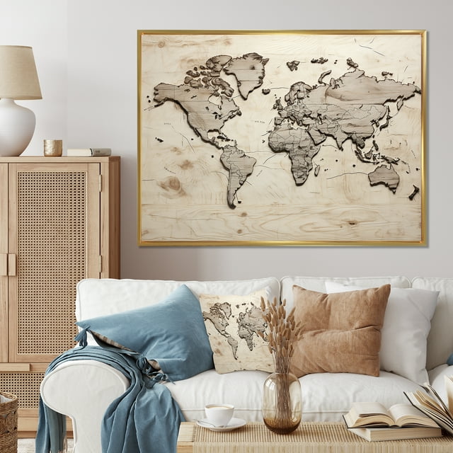 Designart world map framed wall art decor, World Map framed wall Art, Rustic Pathways On The World Map , Extra large Gold framed wall art, 32x16 inches Gold Frame